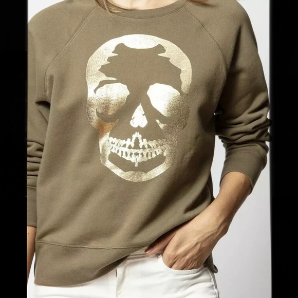 🎉HP🎉 Zadig & Voltaire Upper Skull Gold/Khaki 100% Cotton Sweatshirt Size XS✨ - Picture 3 of 14